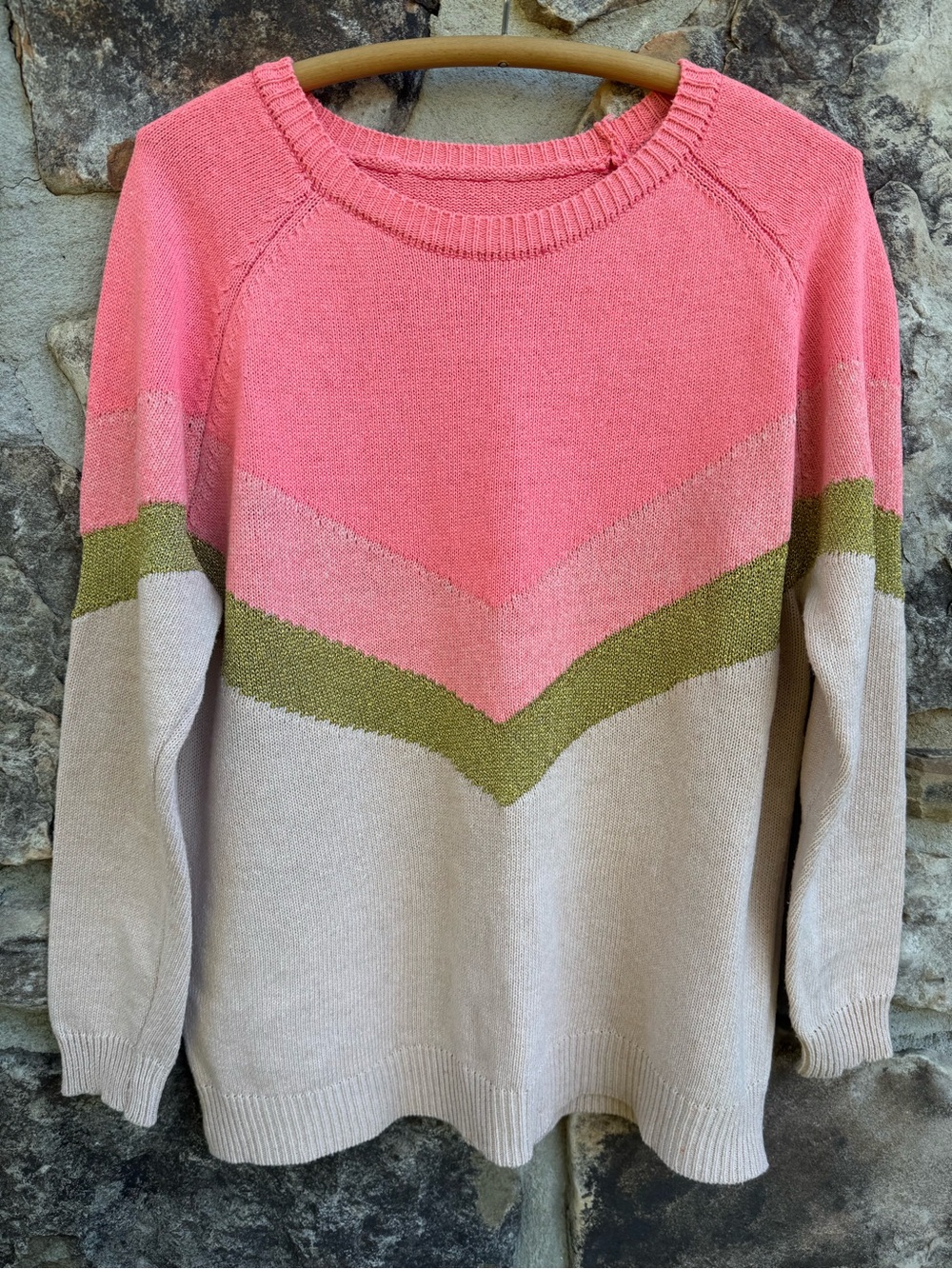 Chevron Colorblock Pink Gold Cream Cotton Sweater XL Metallic Preppy Retro